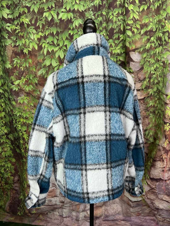 ZARA Blue and White Shaggy Plaid Button Front Casual Jacket, L - Picture 6 of 11